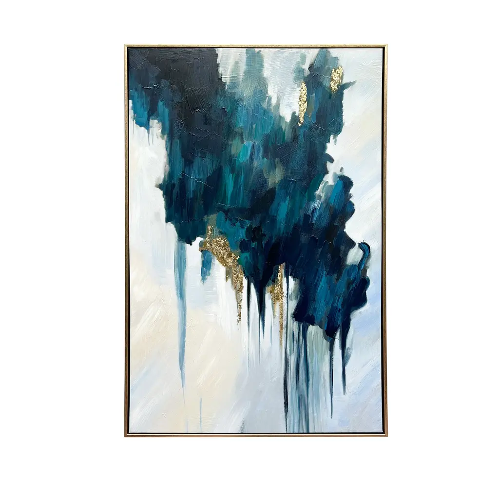 Turquoise Glimmer Abstract Hand Painted Floating Framed Wall Art Print, 24"x36"