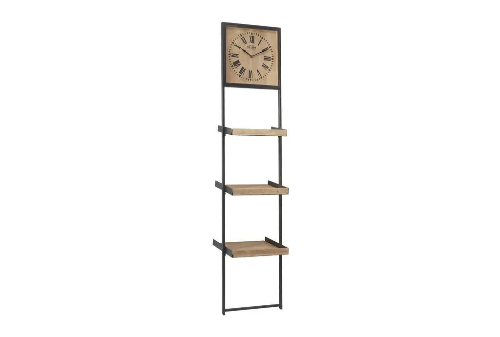 16x72 Natural Brown Wood + Black Metal 3 Tier Leaning Wall Shelf With Clock | Rectangle