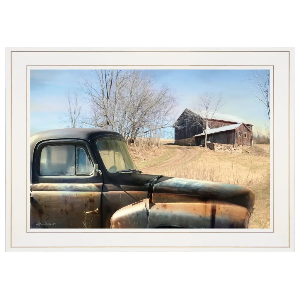 Vintage Farm Trucks 1 White Framed Print Wall Art - White