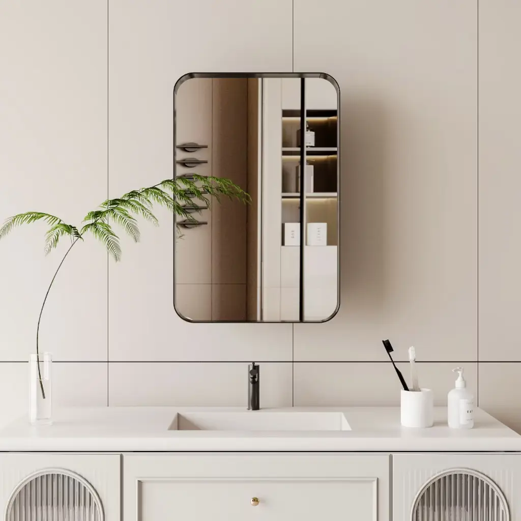 16x24 Inch Recessed Black Metal Framed Medicine Cabinet With Mirror And Adjustable Shelves Black Wall Mirror With Storage For Bathroom