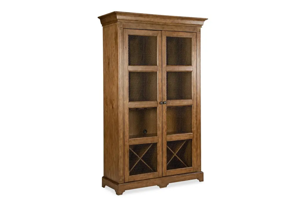 Estate Brown 82" Oak Veneer Wood + Metal Mesh 2 Door Dining Curio Cabinet With Wine Grid Stemware Holder Led Lighting | Entryway By Nate Berkus + Jeremiah Brent