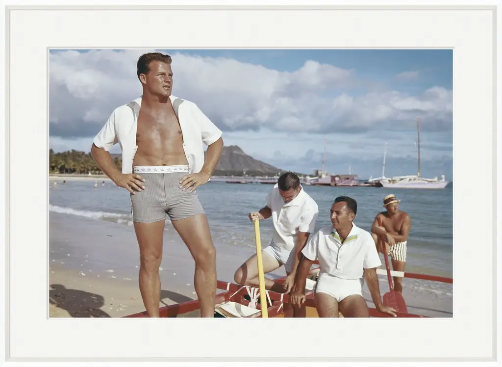 Tom Kelley, Friends Standing In Boat At Beach