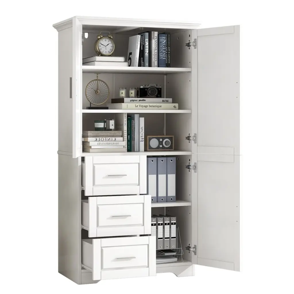 Tiramisubest Tall And Wide Storage Cabinet With Doors For Bathroom/office, Three Drawers, White