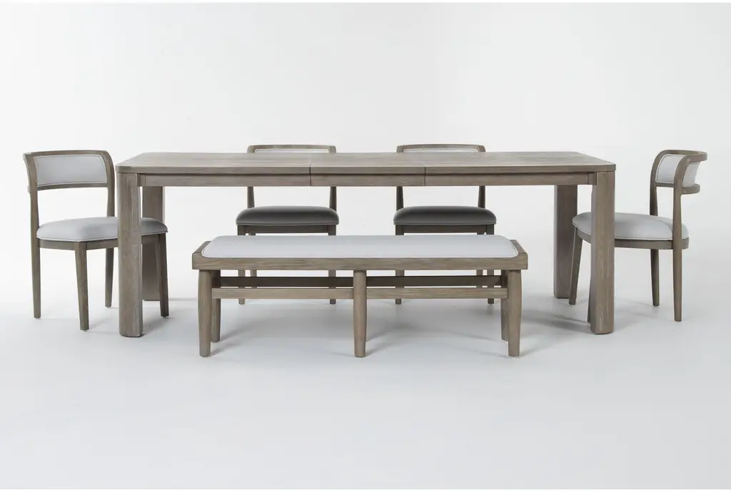 Kasey Grey 68-88" Extendable Rectangular Wood Dining | Bench | Side Chair Set For 6