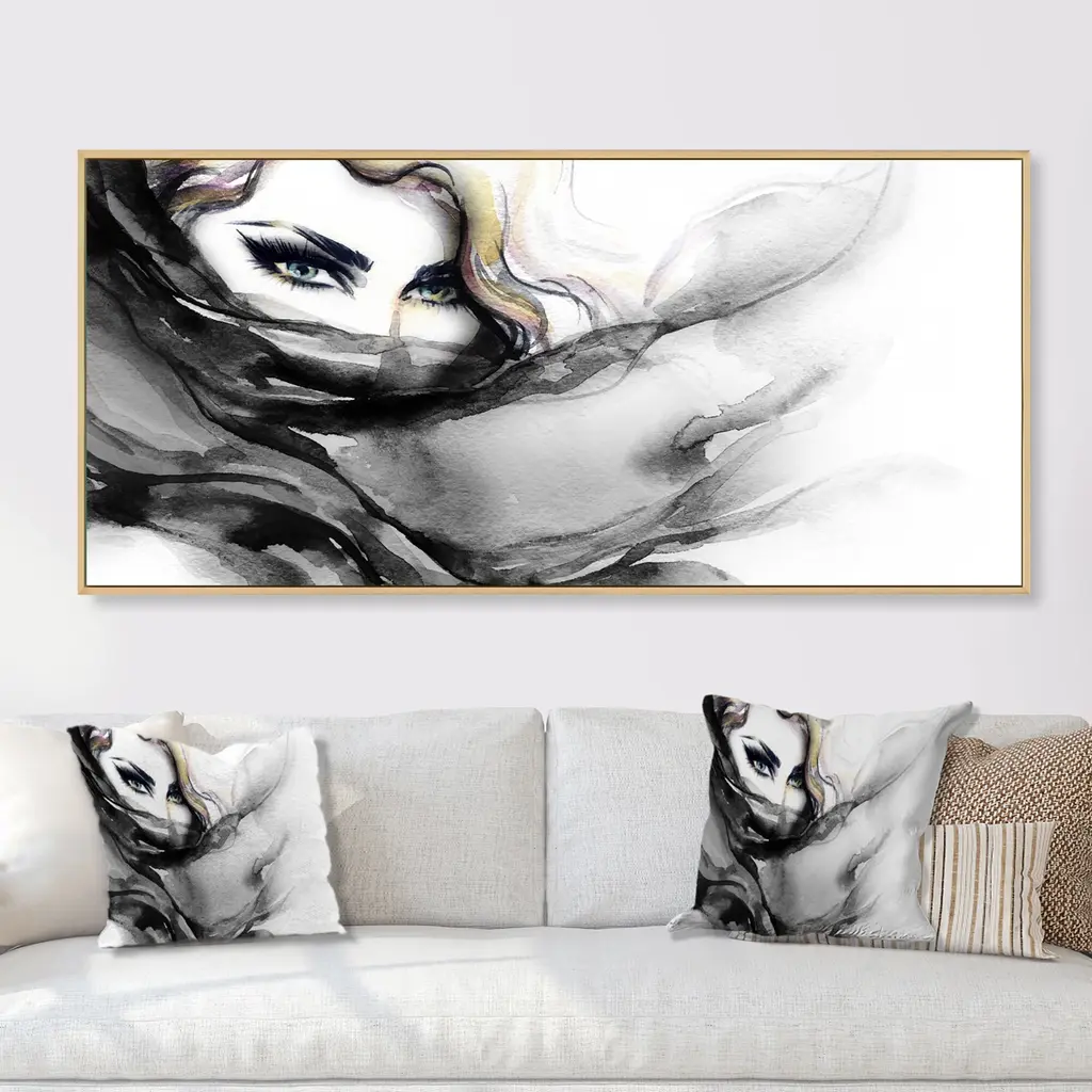 Designart "Sexy Glamour Woman Portrait Iv" Fashion Framed Canvas Wall Art - 32 In. Wide X 16 In. High - Black