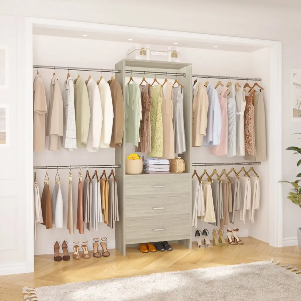 Aheaplus 76.5"-118" W Closet System With 4 Hanging Rods And 3 Drawers