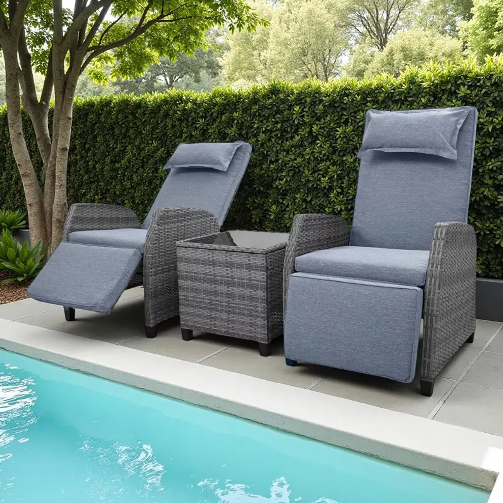 3-piece Outdoor Patio Wicker Recliner Chair Set With Tempered Glass Table