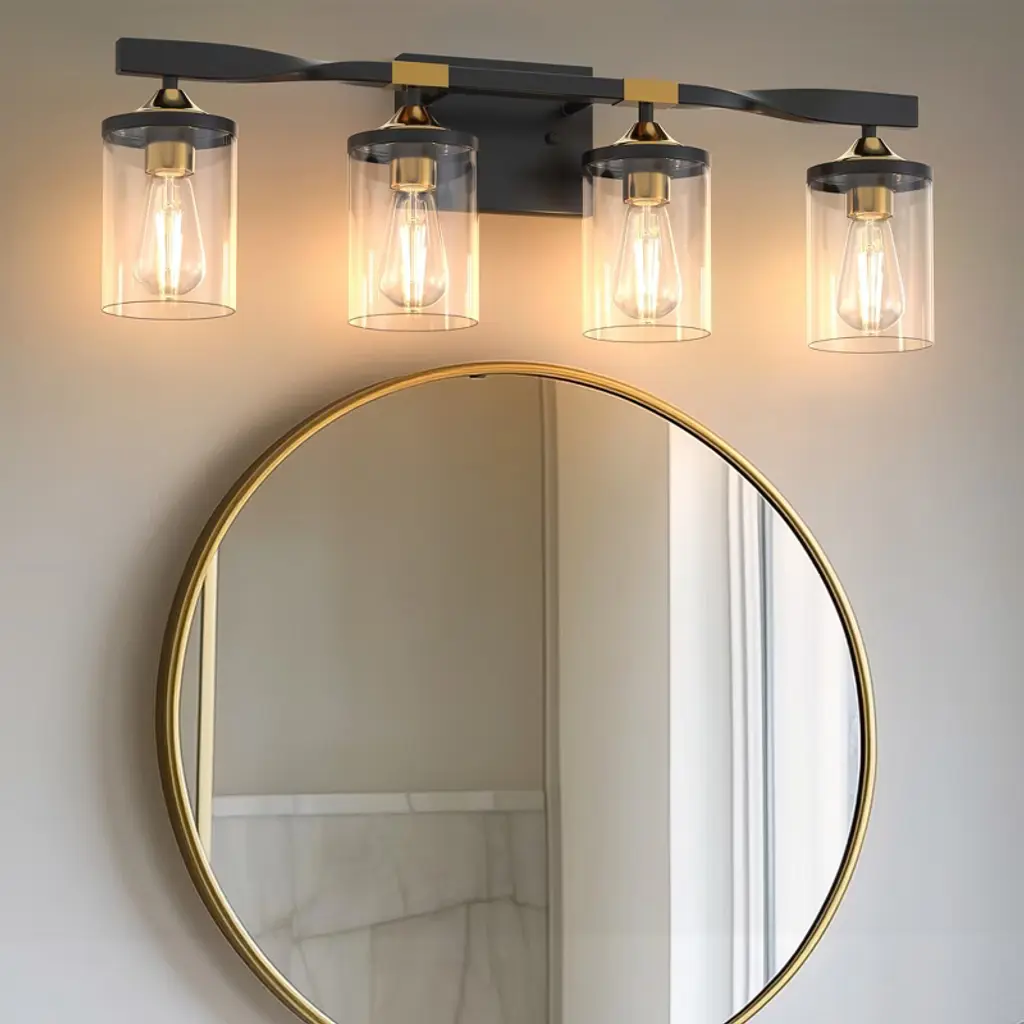 Doresshop 26 In. 4-light Black And Gold Vanity Light With Clear Glass Shades For Bathroom