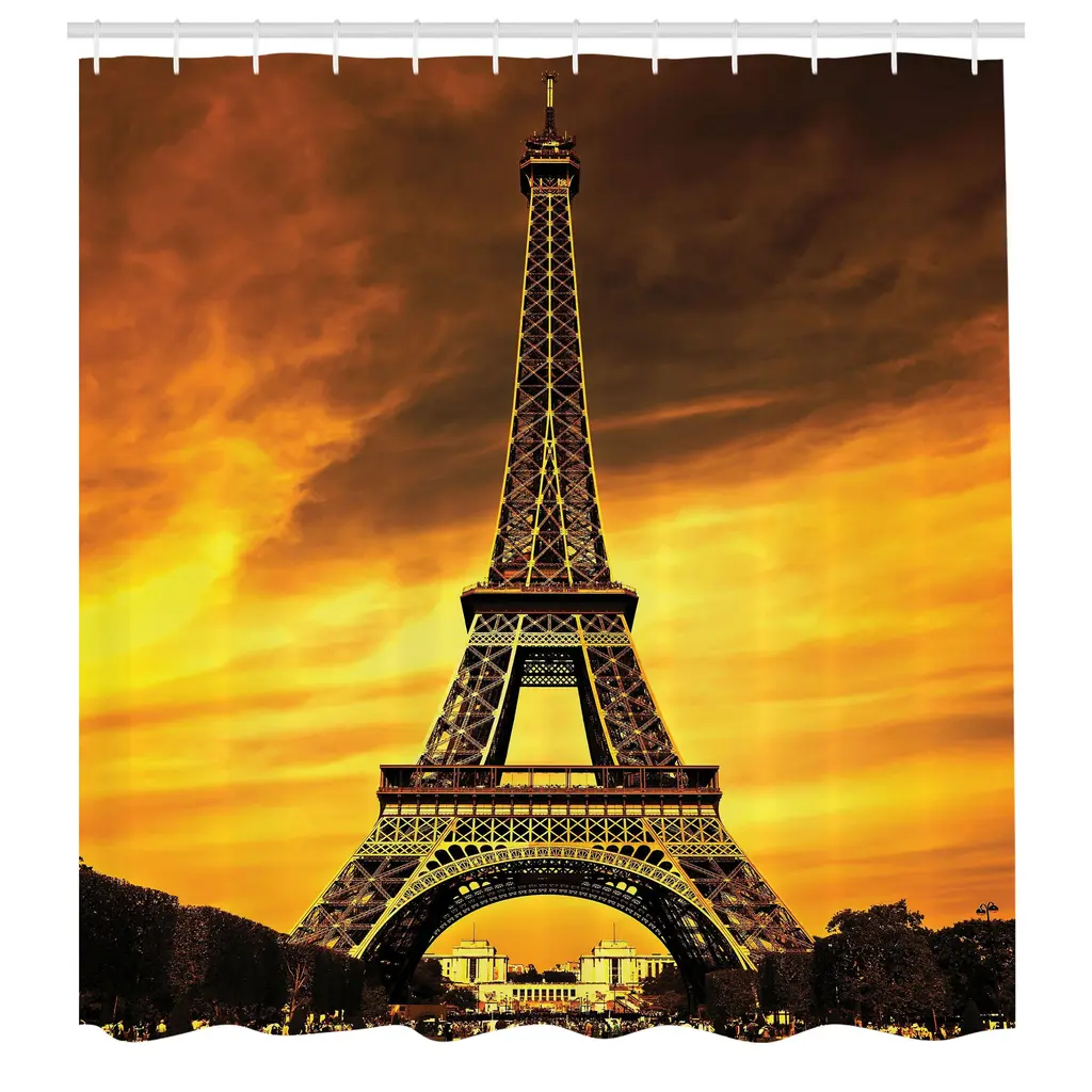 Ambesonne Eiffel Tower Shower Curtain, Cloth Fabric Bathroom Decor Set With Hooks - 69 X 90 - Yellow Brown
