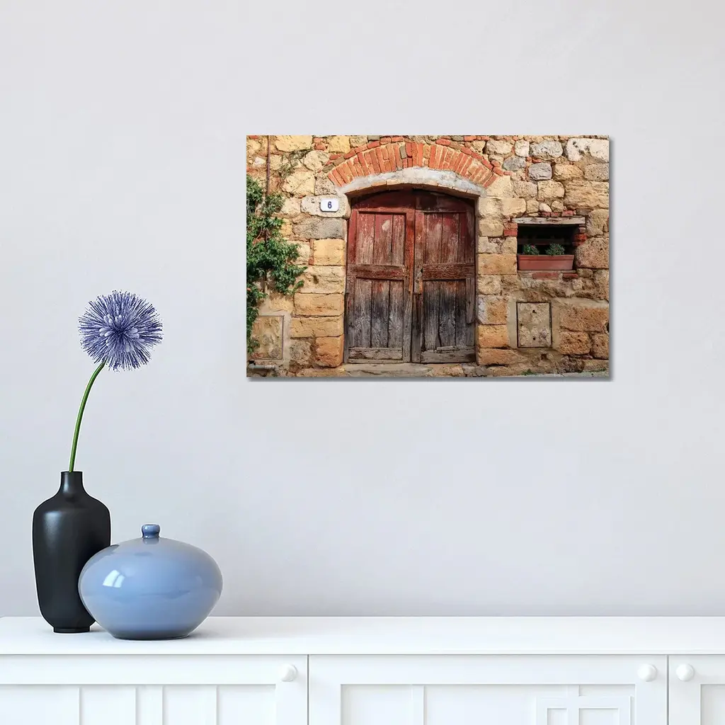 Icanvas "Italy, Monteriggioni. Stone Wall, Wooden Door With Planted Geraniums." By Emily Wilson Canvas Print - 26x40x1.5