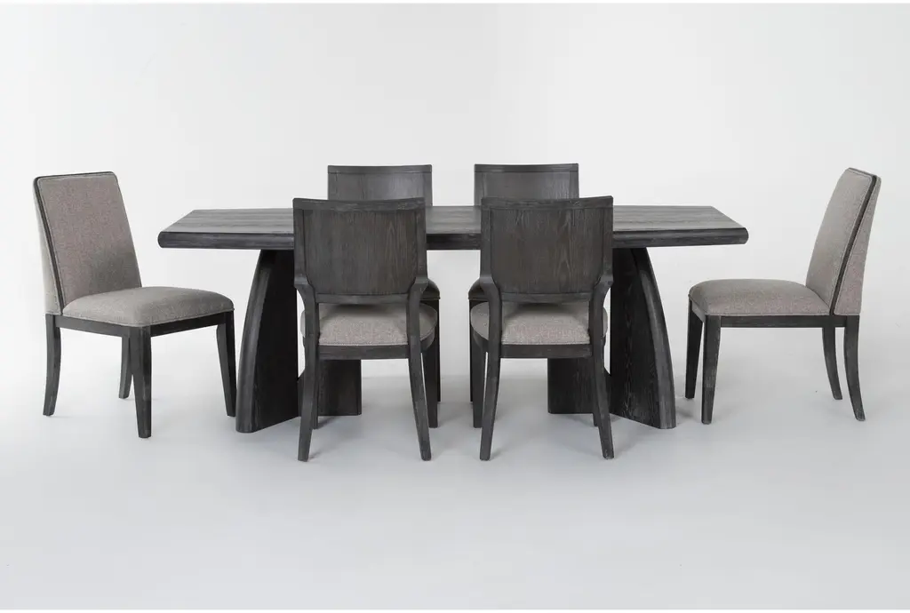 Astra Black Dining With 2 Grey Upholstered Fabric + 4 Wood Chair Set For 6