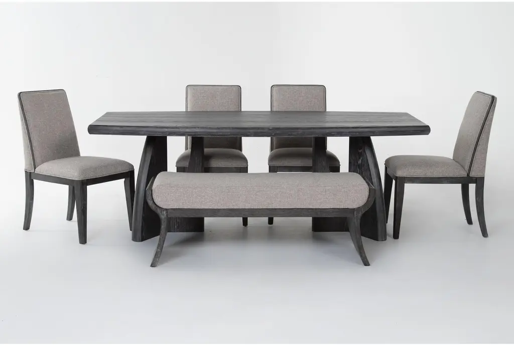 Astra Black Dining Table With Upholstered Dining Bench + Upholstered Fabric Chair Set For 6