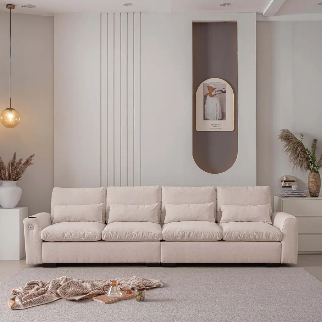 114.5"modern L Shaped Chenille Sofa With Ottoman And Usb Ports - Beige