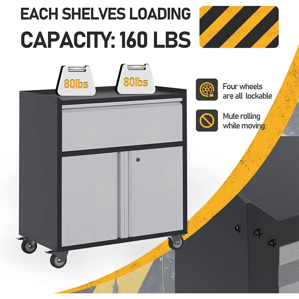 Aobabo Steel Lockable Wheeled Storage Cabinet W/drawer & Shelves, Black/grey - Black - 78.1 - Black