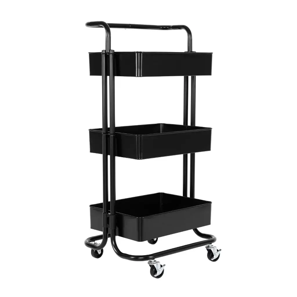 Seville Classics 3 Bin Metal Rolling Storage Organizer Cart With Handle, Black