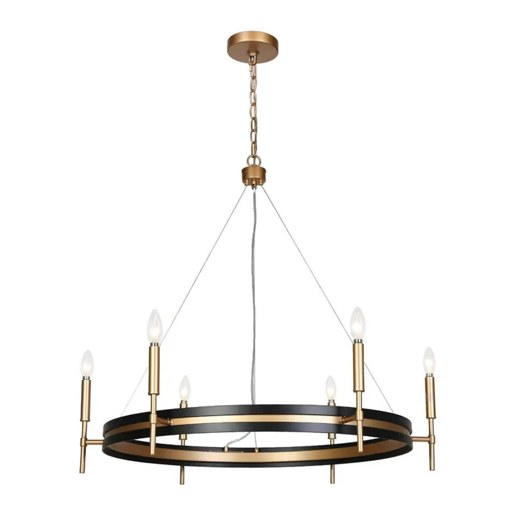 Lnc Froebon 6-lights 33.3" Modern Wagon Wheel Candle Oversized Chandelier, Matte Black And Gold