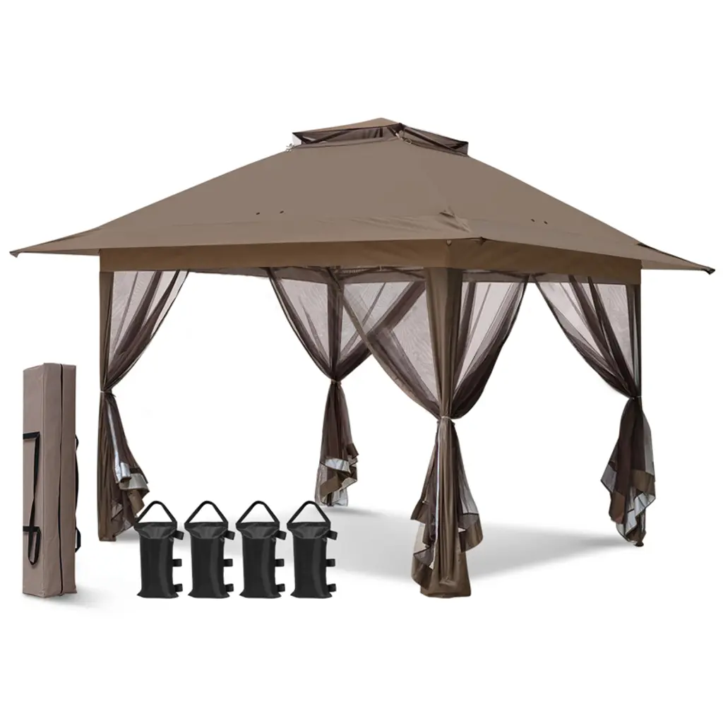 Eagle Peak 13x13 Pop Up Gazebo With Mesh Netting, Easy Up Screened Canopy For Patio And Backyard,  Easy Set Up Outdoor Gazebo (Brown)