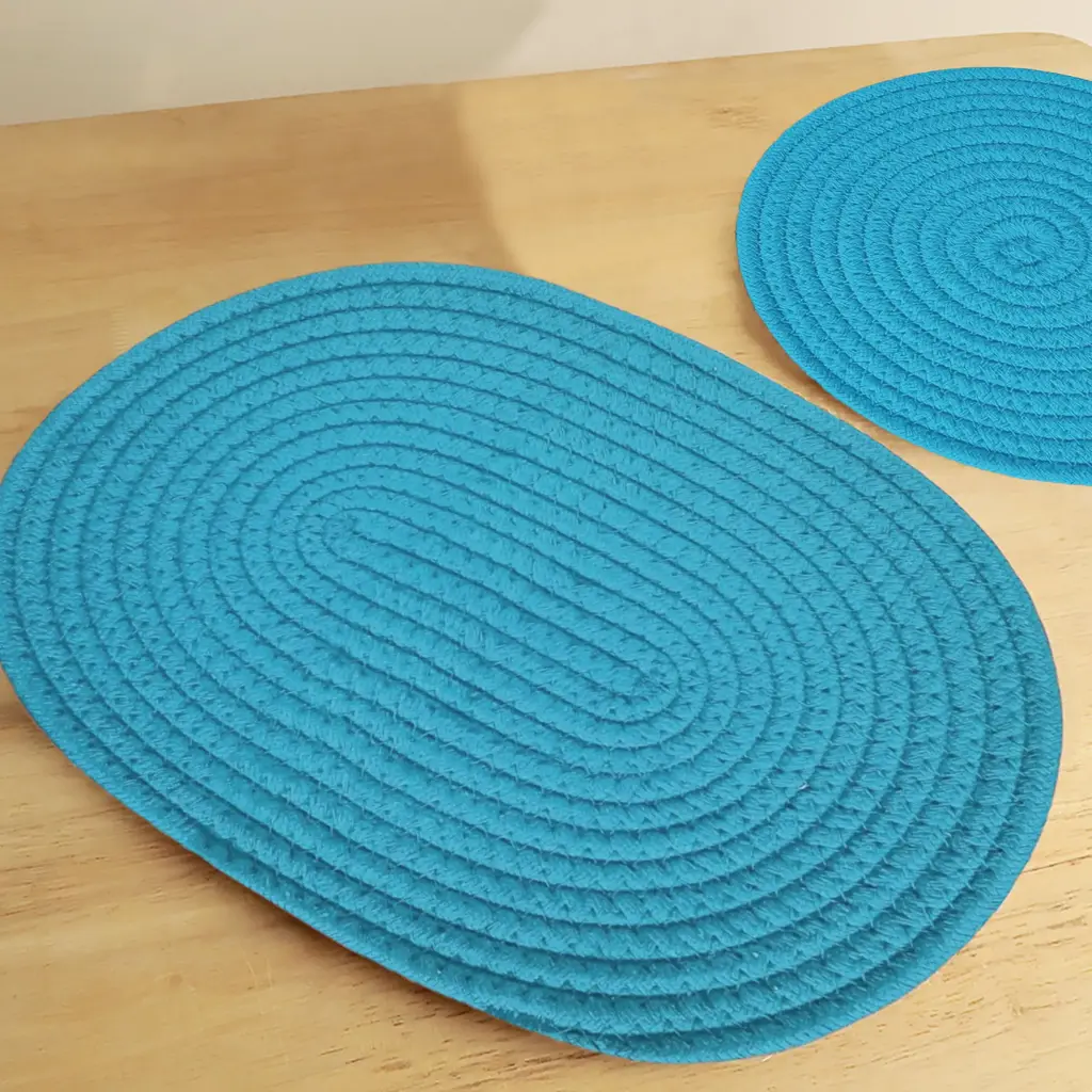 3 Piece Set - Blue Extra Thick Woven Trivet Round Placemats Natural Cotton Hot Potholder Mat Heat Resistant - 3 Piece Set - Blue