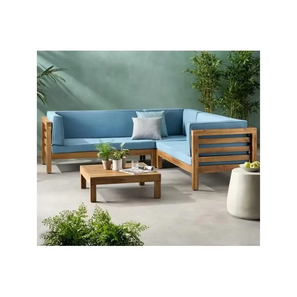 Cavinas Patio Conversation Sets With Coffee Table, Acacia Wood Patio Sectional Furniture Set, Modern Outdoor Seating Set For Backyard, Blue