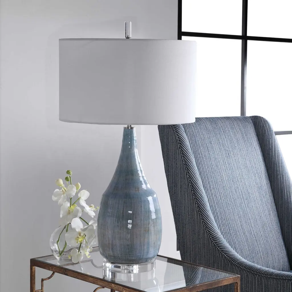 Coastal Style Crackle Glaze Table Lamp With White Drum Shade - 30.5" - Aqua Blue - Blue