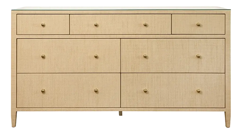 Matthew Izzo Home - Carnegie Natural Grasscloth, Glass Top, Seven Drawer Chest With Brass Knobs