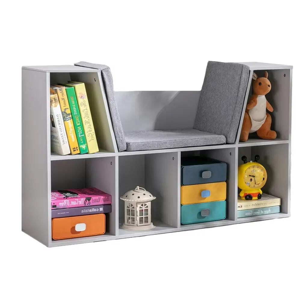 Resenkos 6-cubby Kids Bookcase With Reading Nook And Cushion, Multi-purpose Storage Organizer For Bedroom, Living Room, Grey Gray
