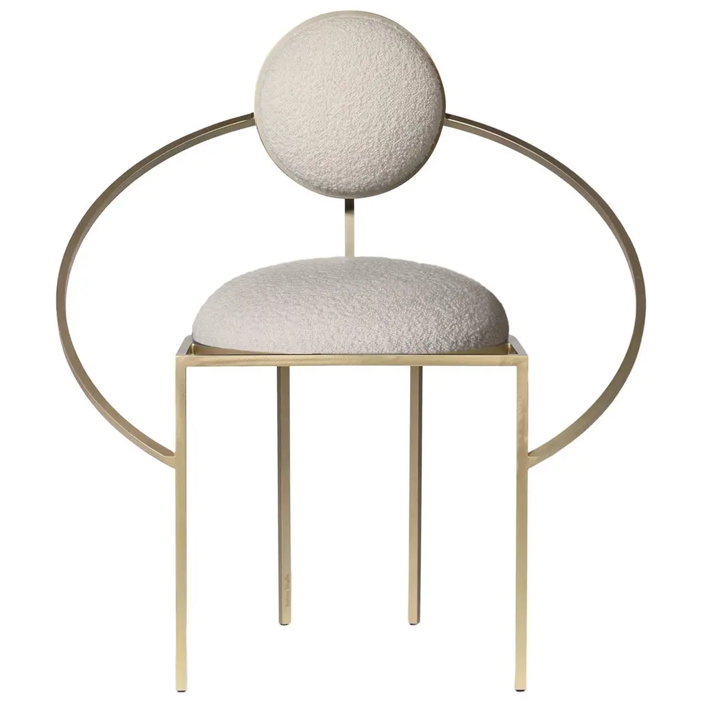 Orbit Chair, Brushed Brass And Cream Boucle Wool Fabric, By Lara Bohinc