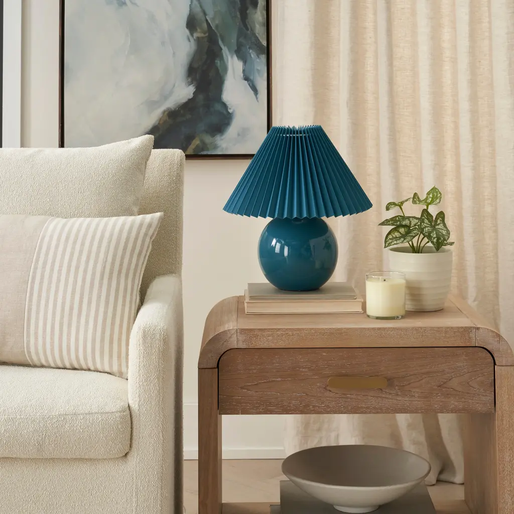 Nourison 13" Round Ceramic Table Lamp With Pleated Shade - Teal