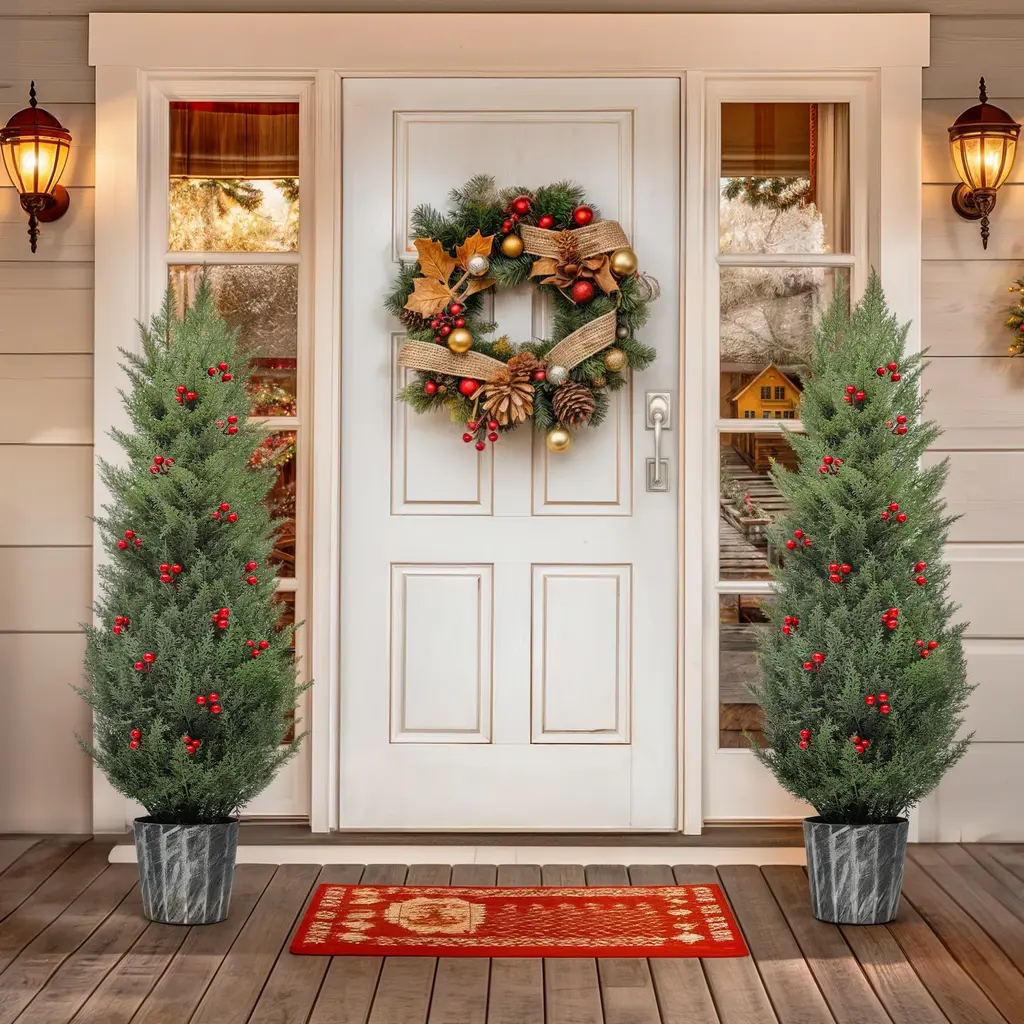 4Ft Uv Resistant Faux Cedar Topiary Artificial Christmas Tree With Red Berries Set Of 2 - 4 Foot