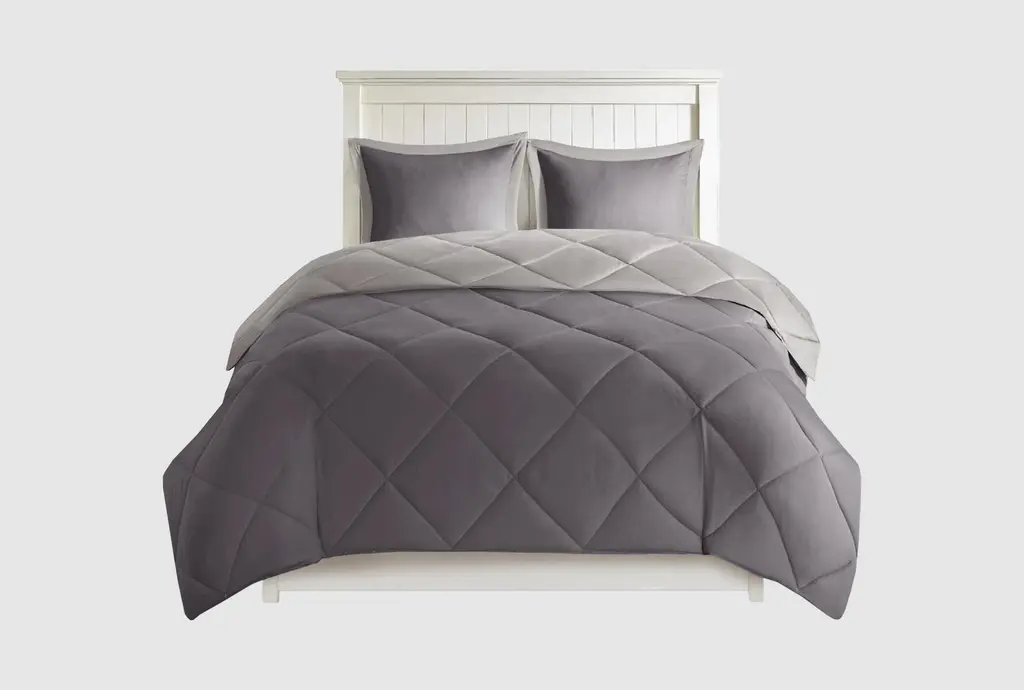 Full/queen Comforter-3 Piece Set Reversible Diamond Quilting Polyester Charcoal | Machine Washable | Quilted