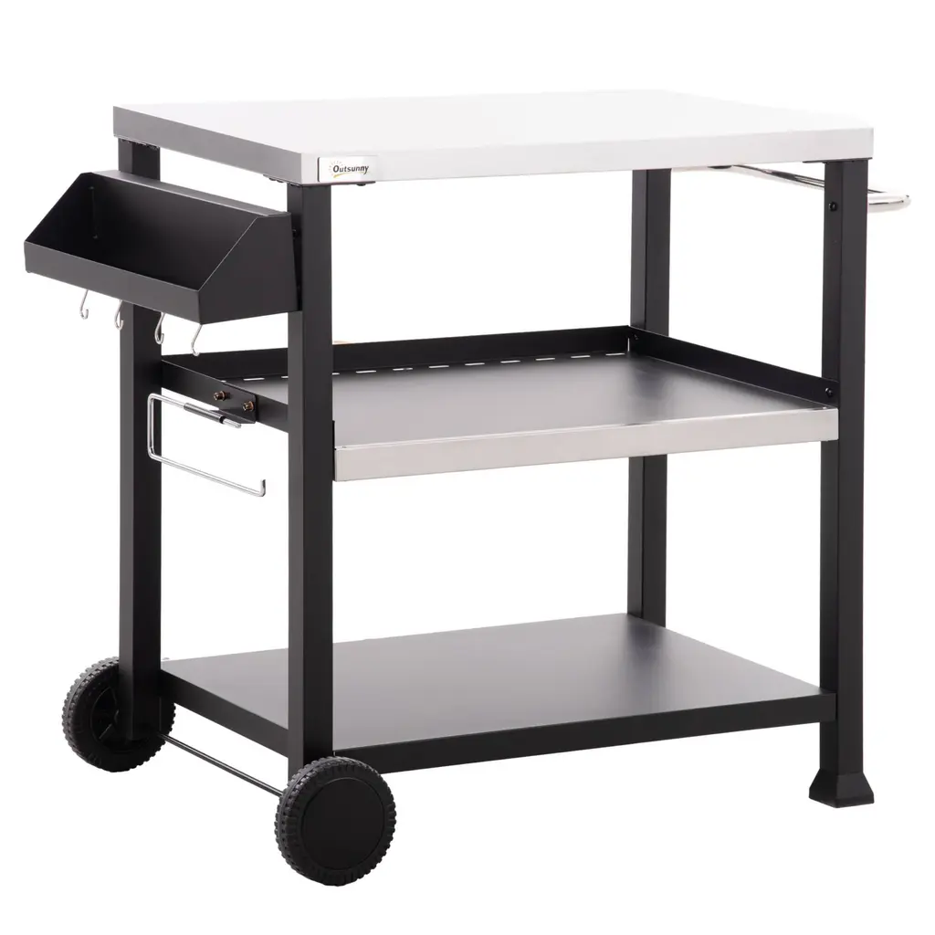Three-Shelf Outdoor Grill Cart With Stainless Steel Tabletop, Side Handle, 32" X 20.5" Multifunctional Pizza Oven Stand - Black