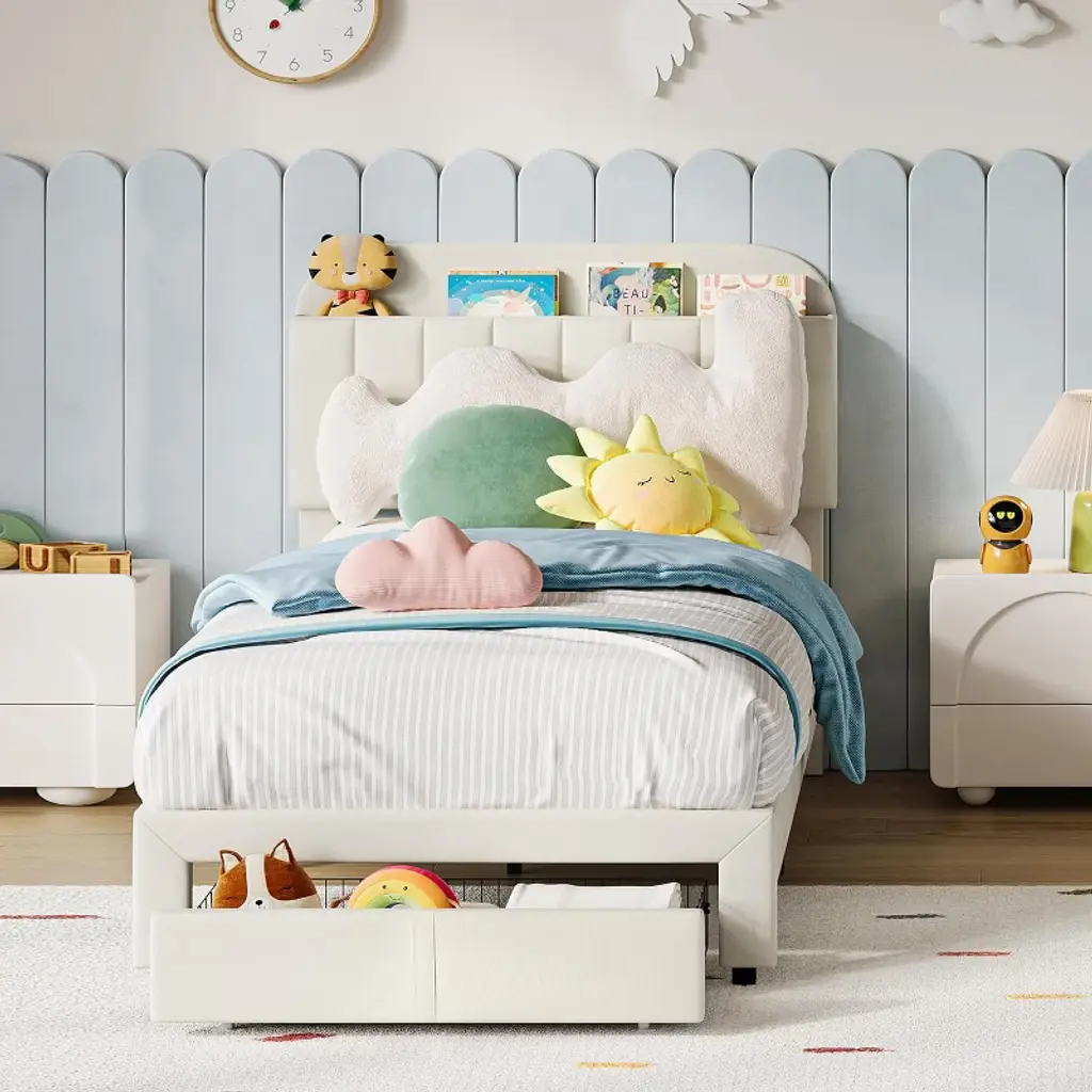 Twin Bed Frame For Kids, Upholstered Platform Bed With Large Storage Drawer And Bookcase Headboard, Boys Bed, Noise-free, Easy Assembly