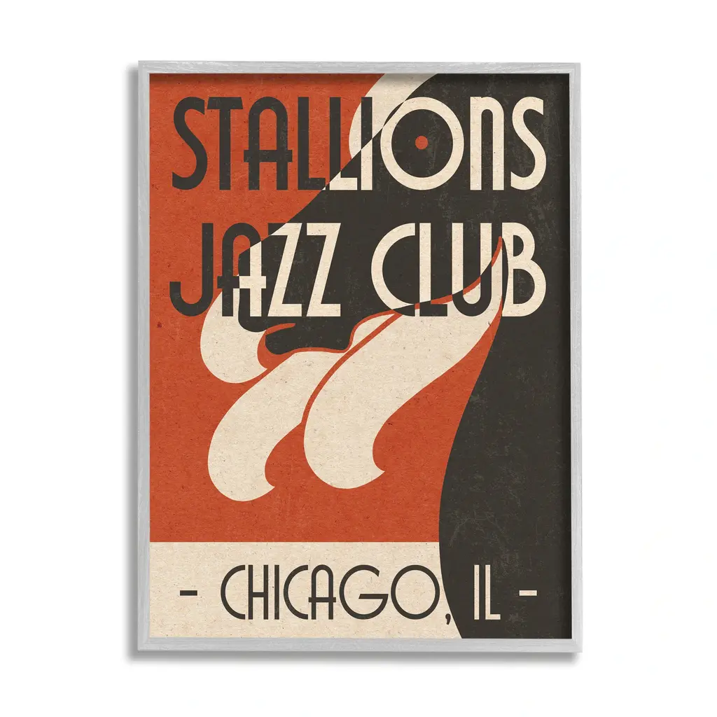 Stupell Stallions Jazz Club Retro Abstract Horse Chicago Illinois Framed Wall Art - 11 X 14 - Grey