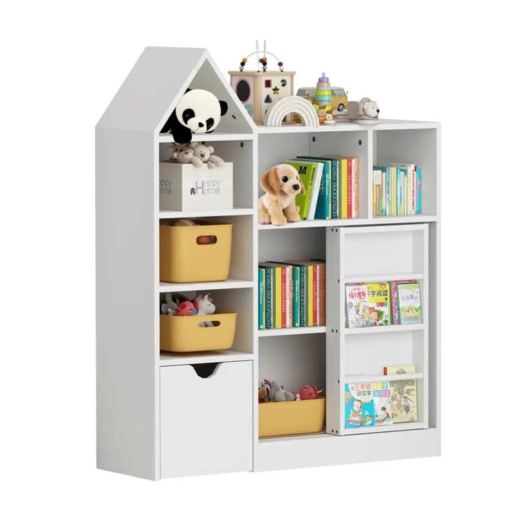 44" Kids Bookshelf Toy Storage, Kids Bookshelf With Removable Drawers, 8 Storage Cubby & Sliding Door, Kids Reading Nook For Playroom, Classroom