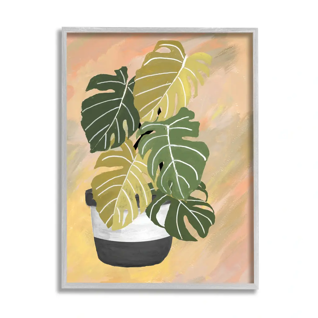 Stupell Unique Leaf Plant Tropical Monstera Over Abstract Framed Wall Art - 11 X 14 - Grey