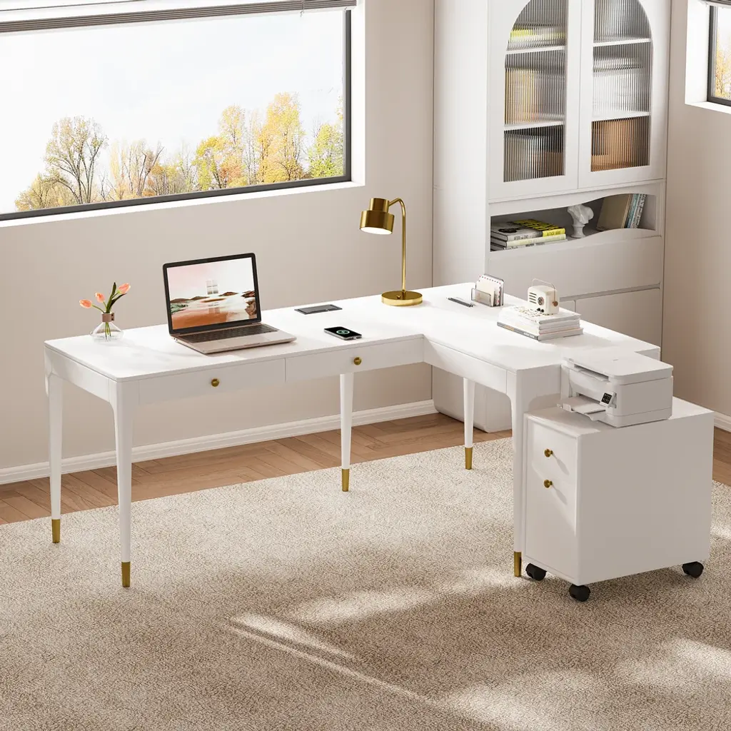 L Shaped Executive White Office Desk With Adjustable Standing Desktop Right Hand (70.9")