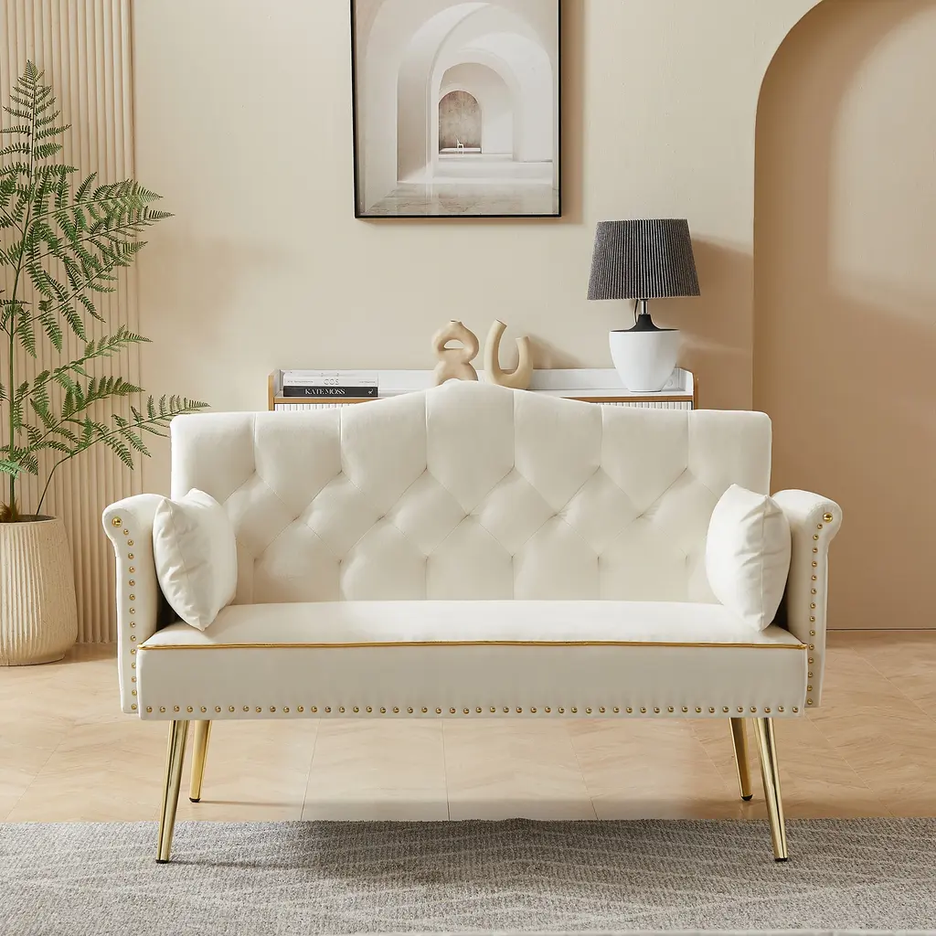 Velvet Loveseat Tufted Couch With 2 Pillow Upholstered Deep Seat Sofa Rivet Arm Lounge Couch Living Room 2 Seater Couch - Cream White
