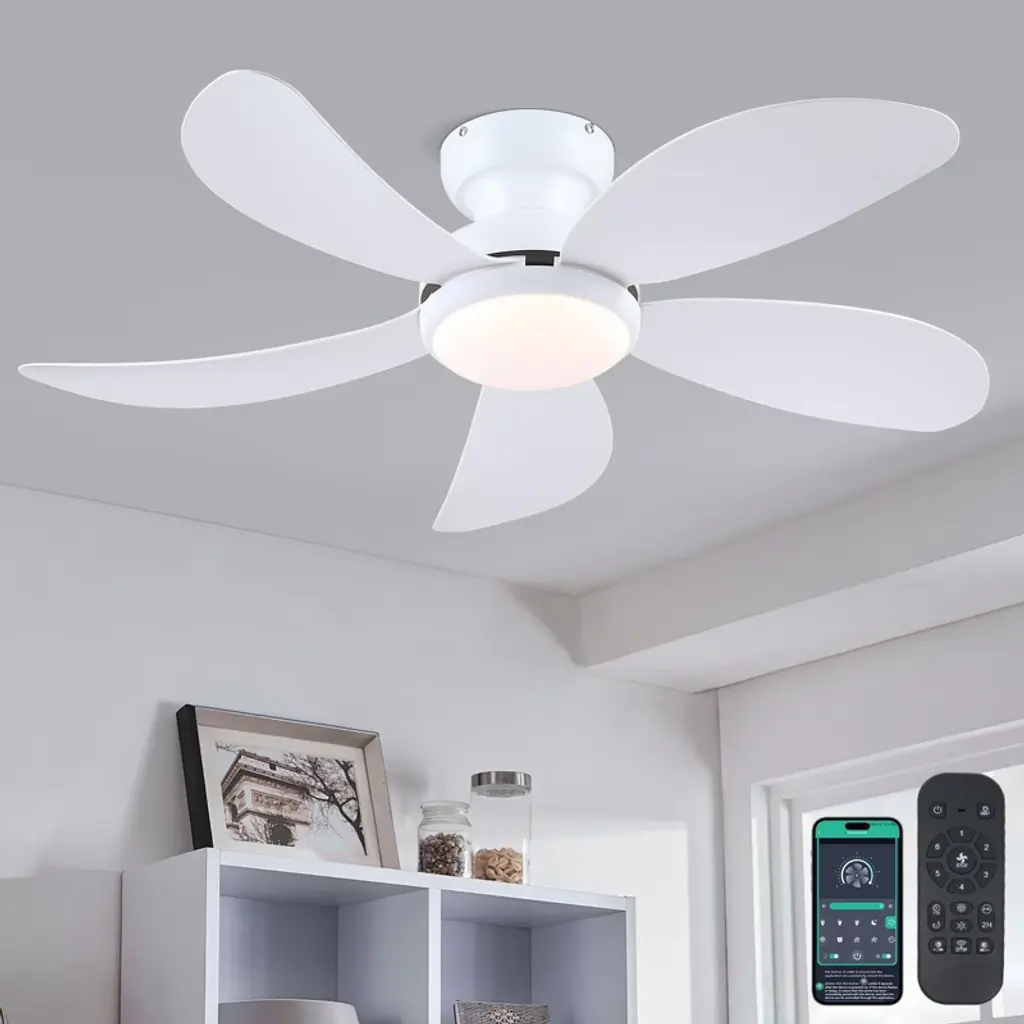 42 Inch White Low Profile Ceiling Fan With 5 Abs Blades Reversible Dc Motor With Remote And App Control For Living Room Bedroom
