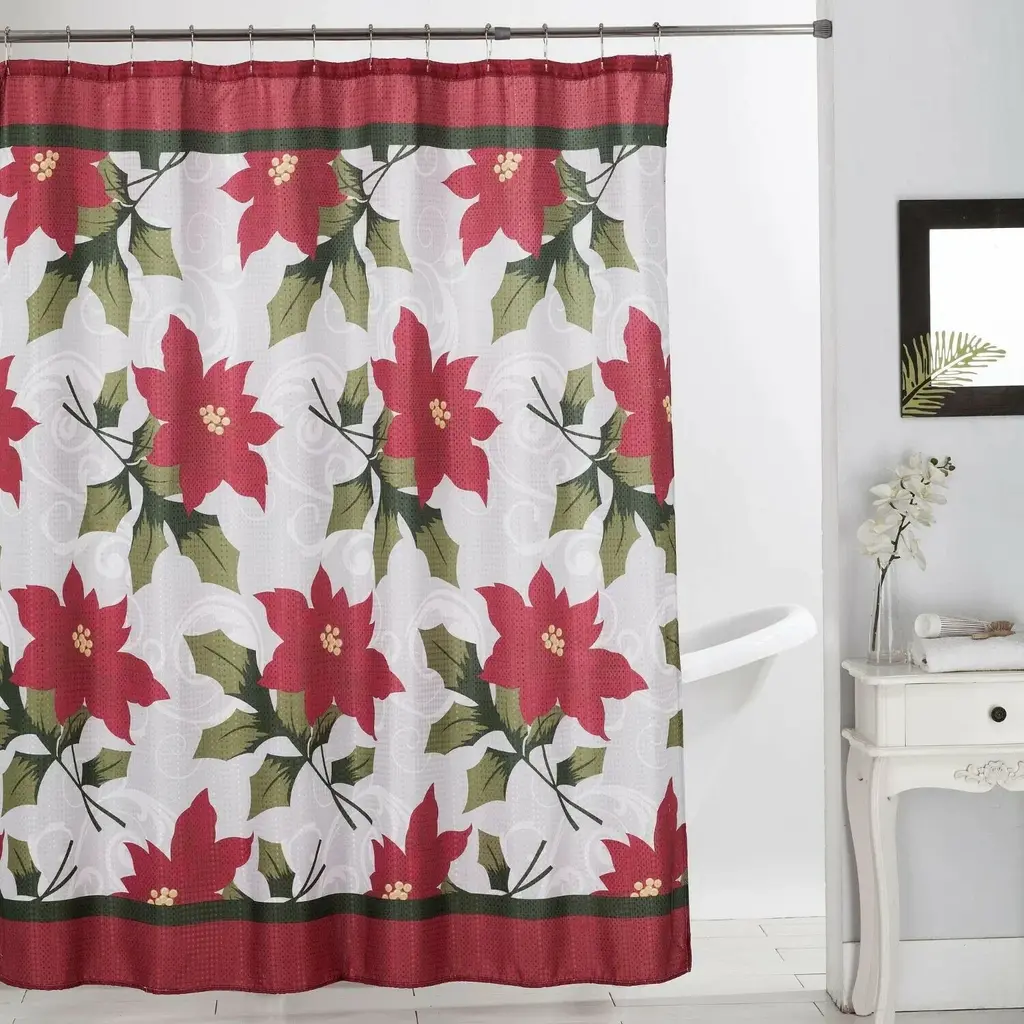 13 Pc Christmas Shower Curtain Set With Metal Roller Hooks Dobby Printed Holiday Bathoom Décor - Peace Noel