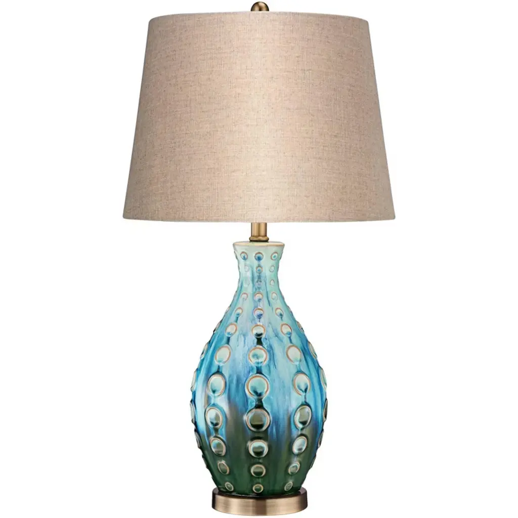 360 Lighting Mid Century Modern Table Lamp With Table Top Dimmer 26.5" High Teal Ceramic Tan Fabric Drum For Living Room Bedroom (Color May Vary)