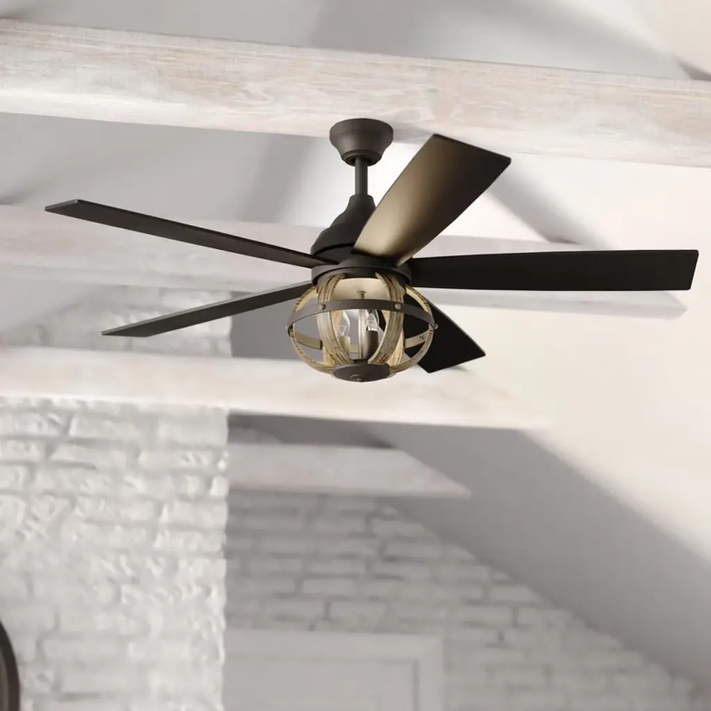 Vaxcel Huron Black And Burnished Teak Farmhouse Indoor Ceiling Fan With Led Cage Light Kit And Remote