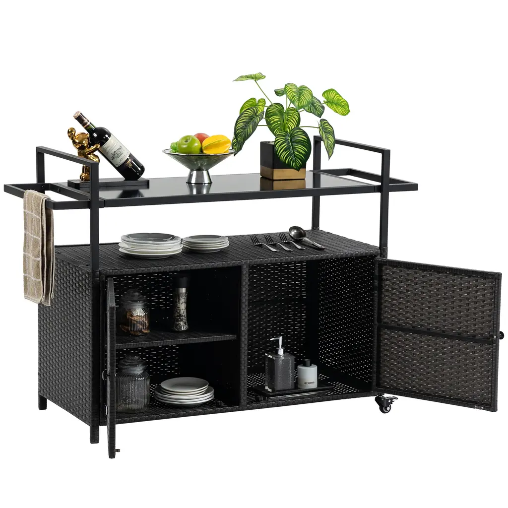 Outdoor Wicker Bar Cart With Glass Top, 360掳 Wheels - Black