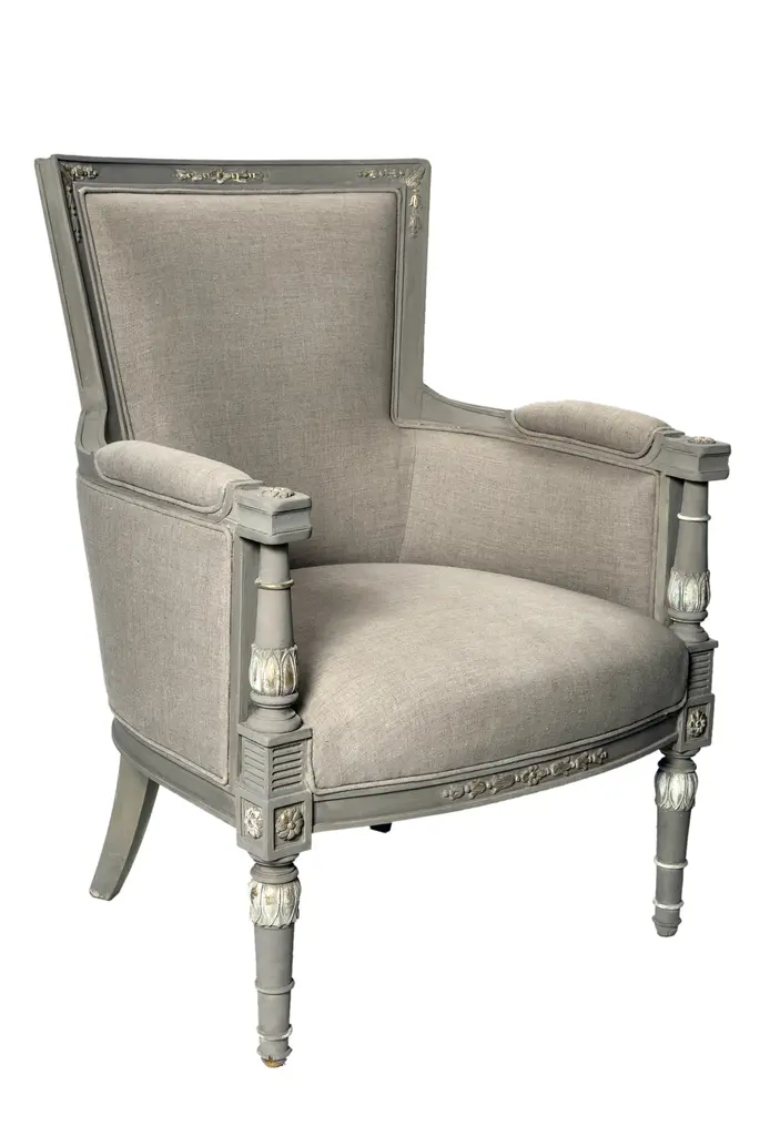Hand Carved Linen Italian Bergere Chair
