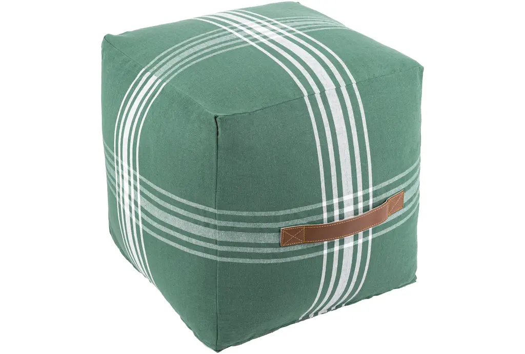 16x16 Multicolor Green And White Plaid Cotton Cube Pouf With Cognac Faux Leather Handle | Square By Surya
