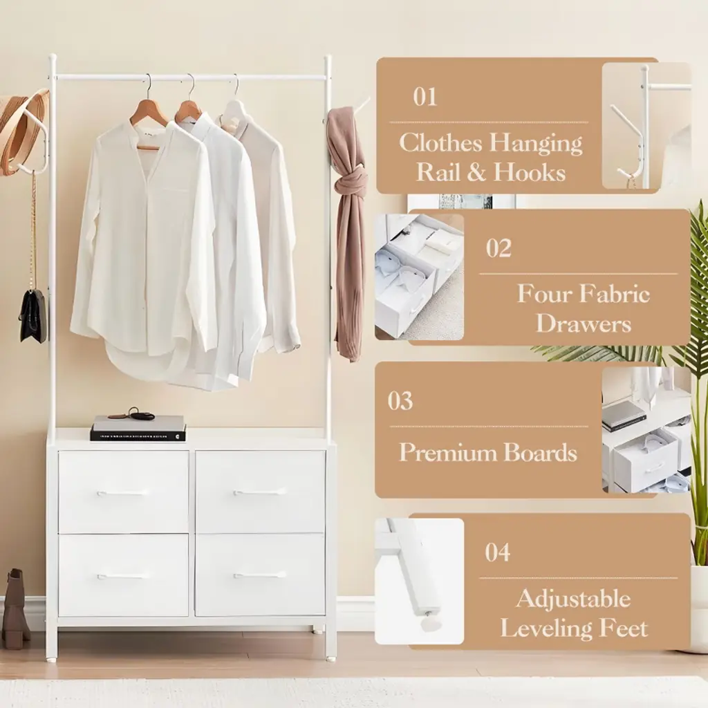 Clothes Rack With 4 Drawers, Heavy Duty Metal Frame Garment Rack, Freestanding Clothing Racks, Portable Wardrobe Closet Organizer For Bedroom, White