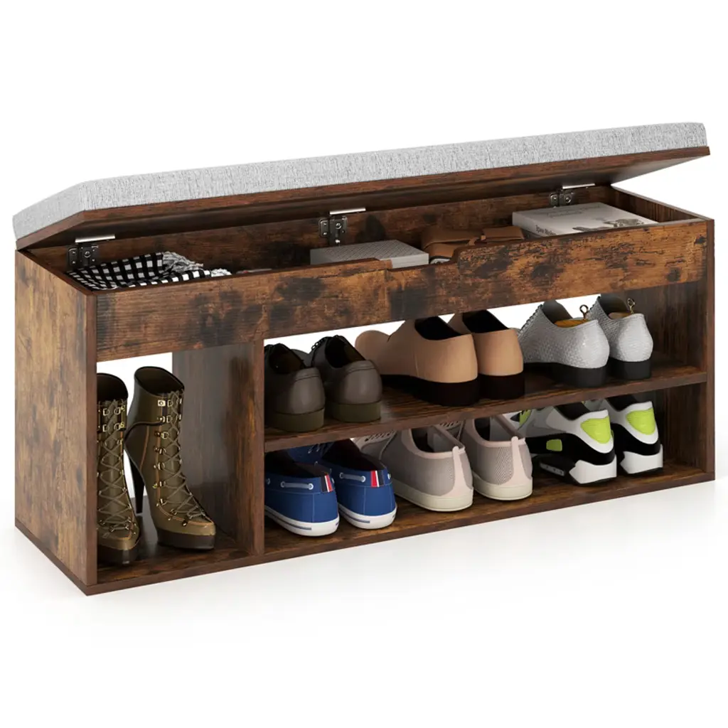 Tangkula Shoe Bench Home Entryway Shoes Storage Bench W/ Padded Seat & Hidden Storage Brown