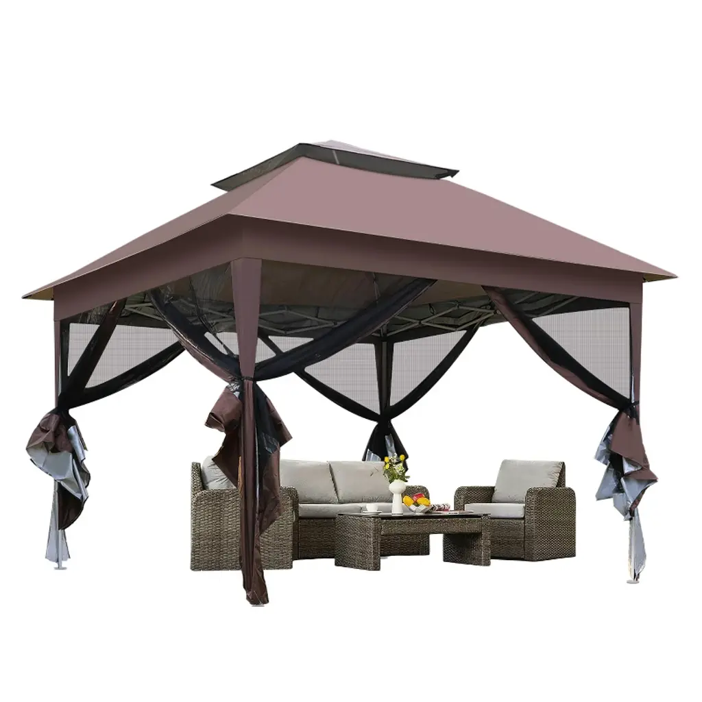 Bestmassage 10.5ft Outdoor Pop-up Gazebo With Mosquito Netting And Double Roof, Brown