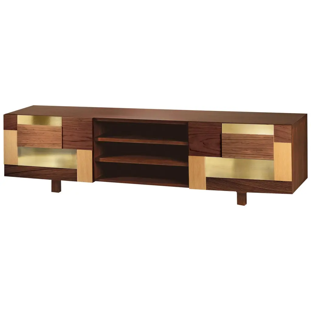 Tv Stand Form In Natural Walnut Wood And Polished Brass Details
