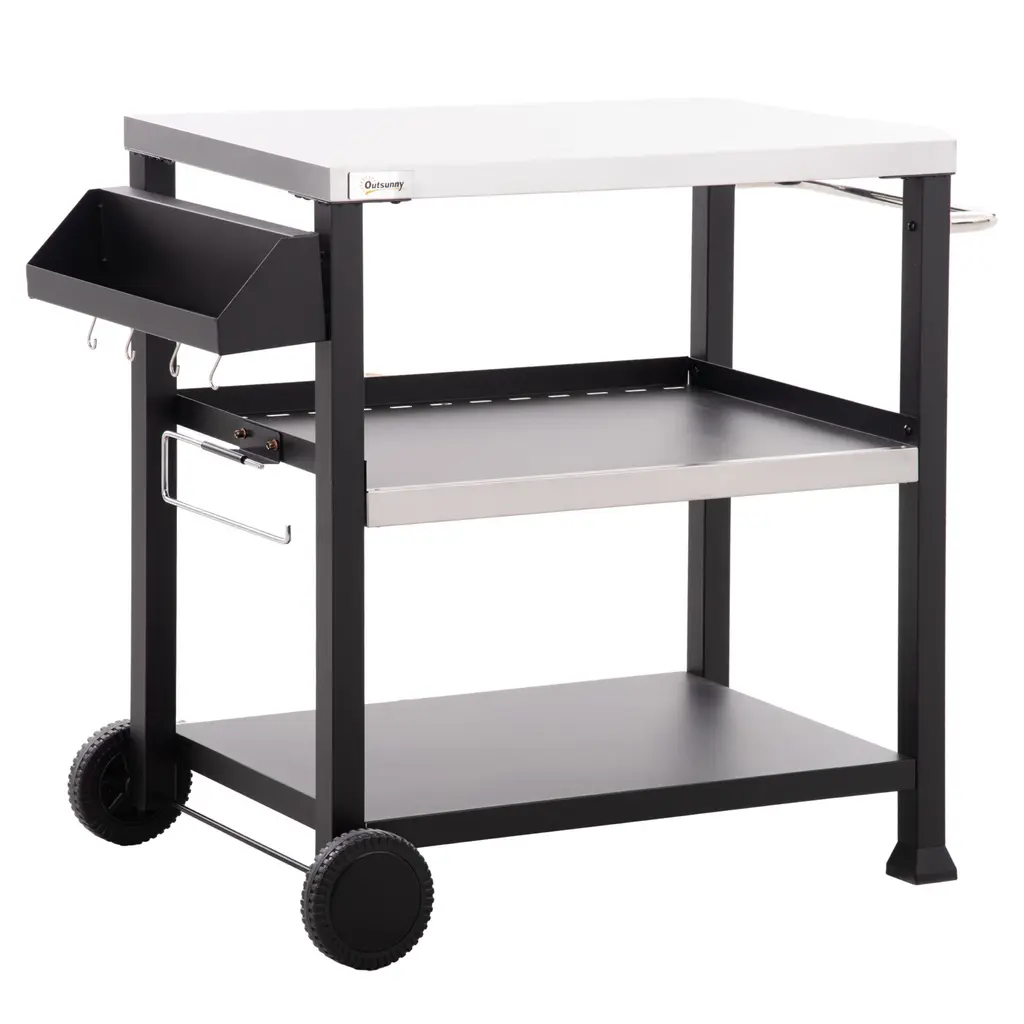 Three-Shelf Outdoor Grill Cart With Stainless Steel Tabletop,32" X 20.5" Multifunctional Pizza Oven Stand - Assembly Required
