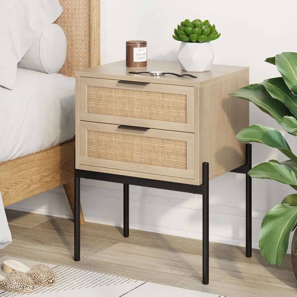 Wood & Rattan 2-Drawer Nightstand Light Oak